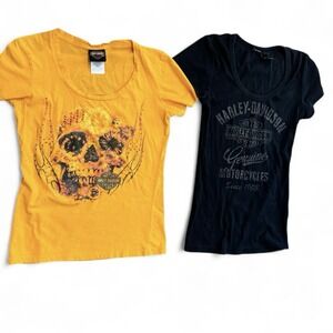 2 Vintage Harley Davidson T Shirt S/M Y2K Motorcycle Rhinestone Biker Rib Skull